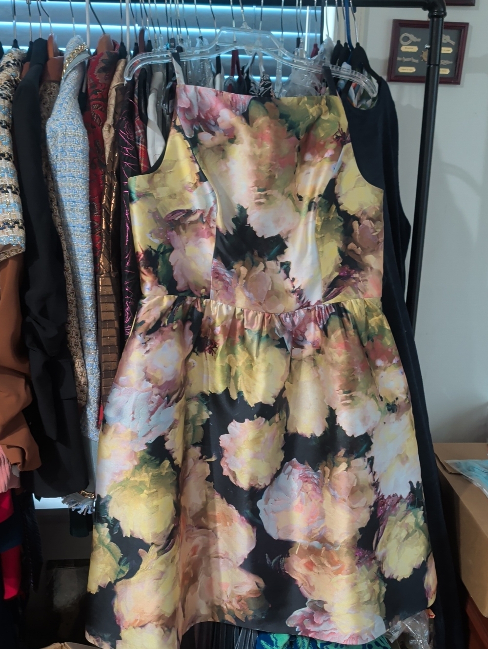 Kay Unger Black Mini Dress with Yellow & Pink Floral Print